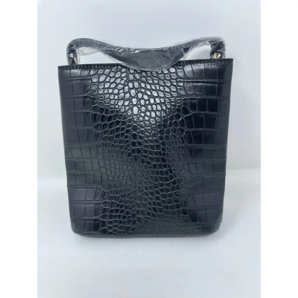 AOTA Elena Black Vegan Leather Croc Top Handle Bucket Bag Detachable Crossbody - Picture 1 of 9